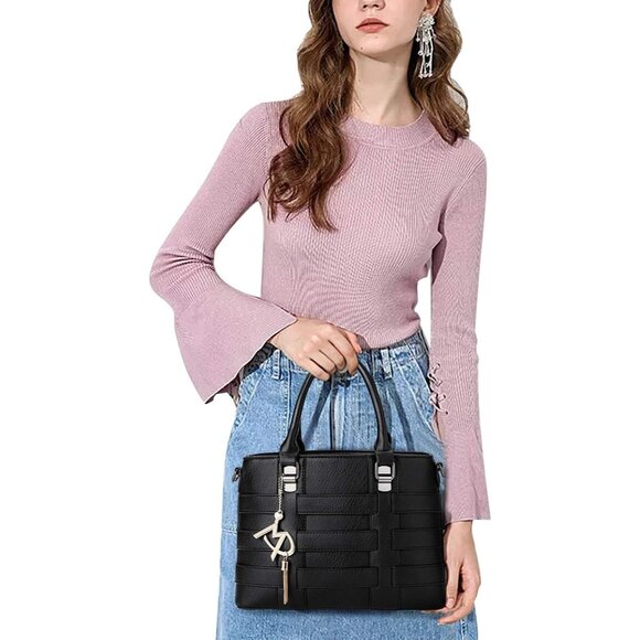 PU Leather Weave Black Shoulder Bag for Women Elegant Top Handle Designer Purse - Picture 8 of 8